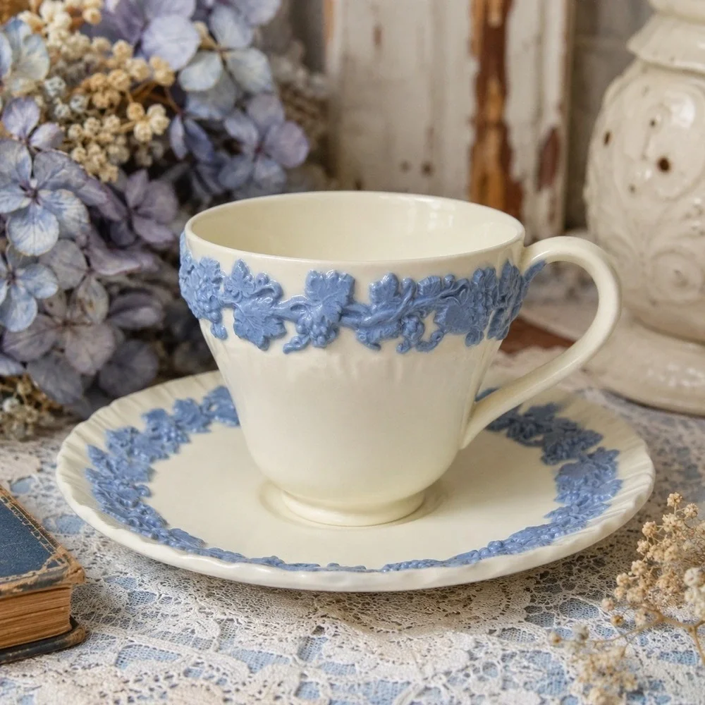 Vintage Wedgwood Queensware Blue Grapevine Tea Cup Saucer Grandmillennial Decor